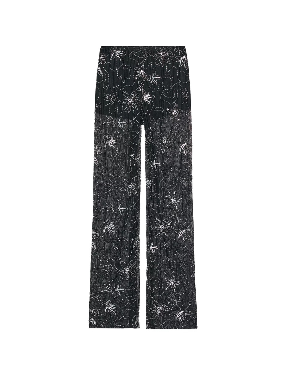 Zara Black Wide-Leg Embellished Floral Pants
